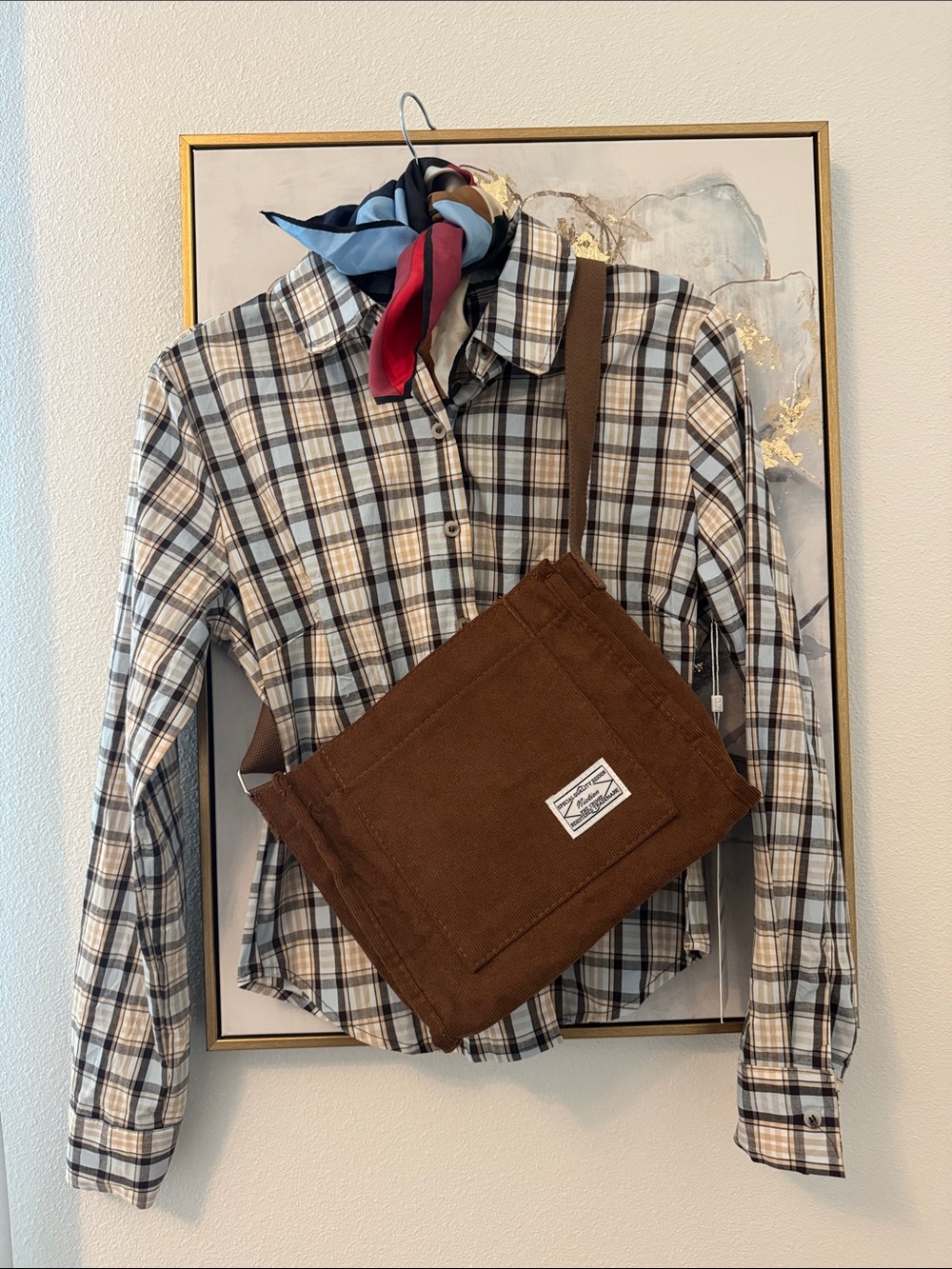 Plaid Button-Down Shirt in Beige and Black